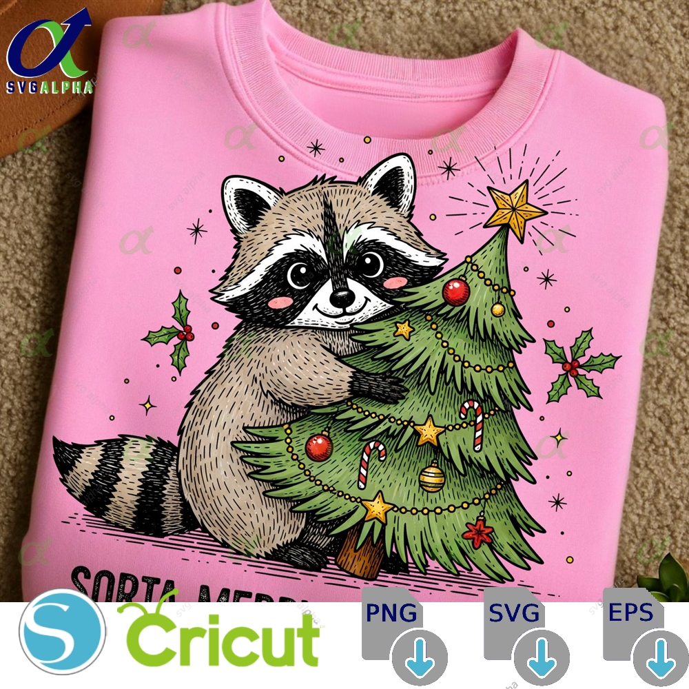 Sorta Merry Sorta Feral Png Funny Xmas Quote Png Retro Raccoon Christmas Tree Png Sassy Cute Animal Shirt Design Holiday Sublimation Svglapha